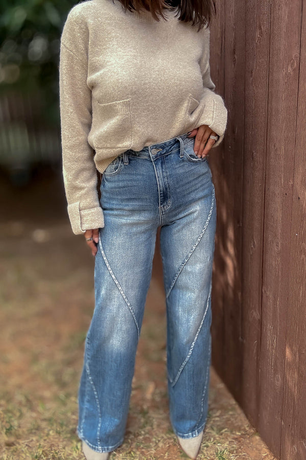 Stella Rae's Best Medium Wash Stretch High Rise Decorative Seams Wide Leg Jeans
