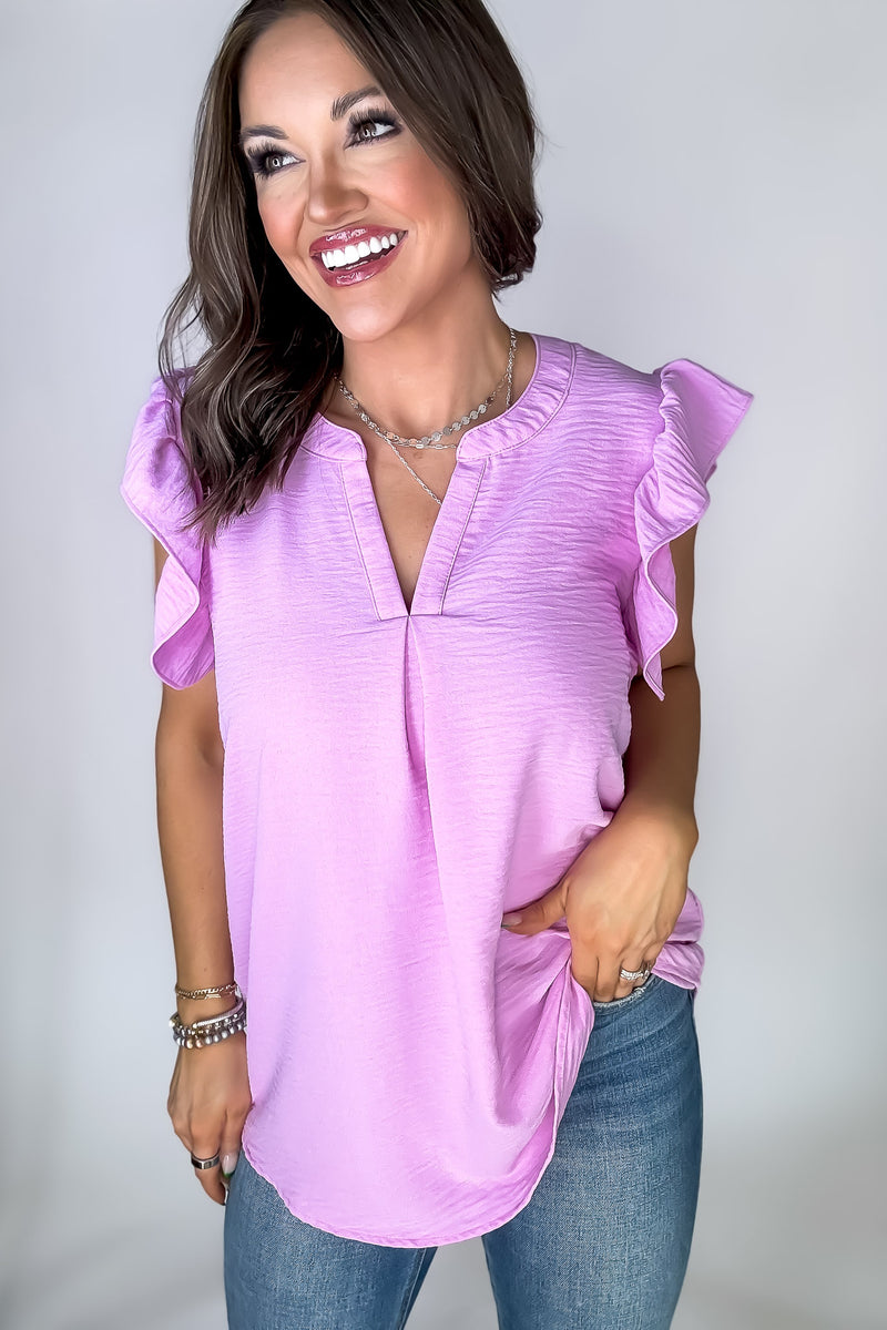 Make Life Great Mauve Woven Airflow Ruffled Sleeve High-Low Top