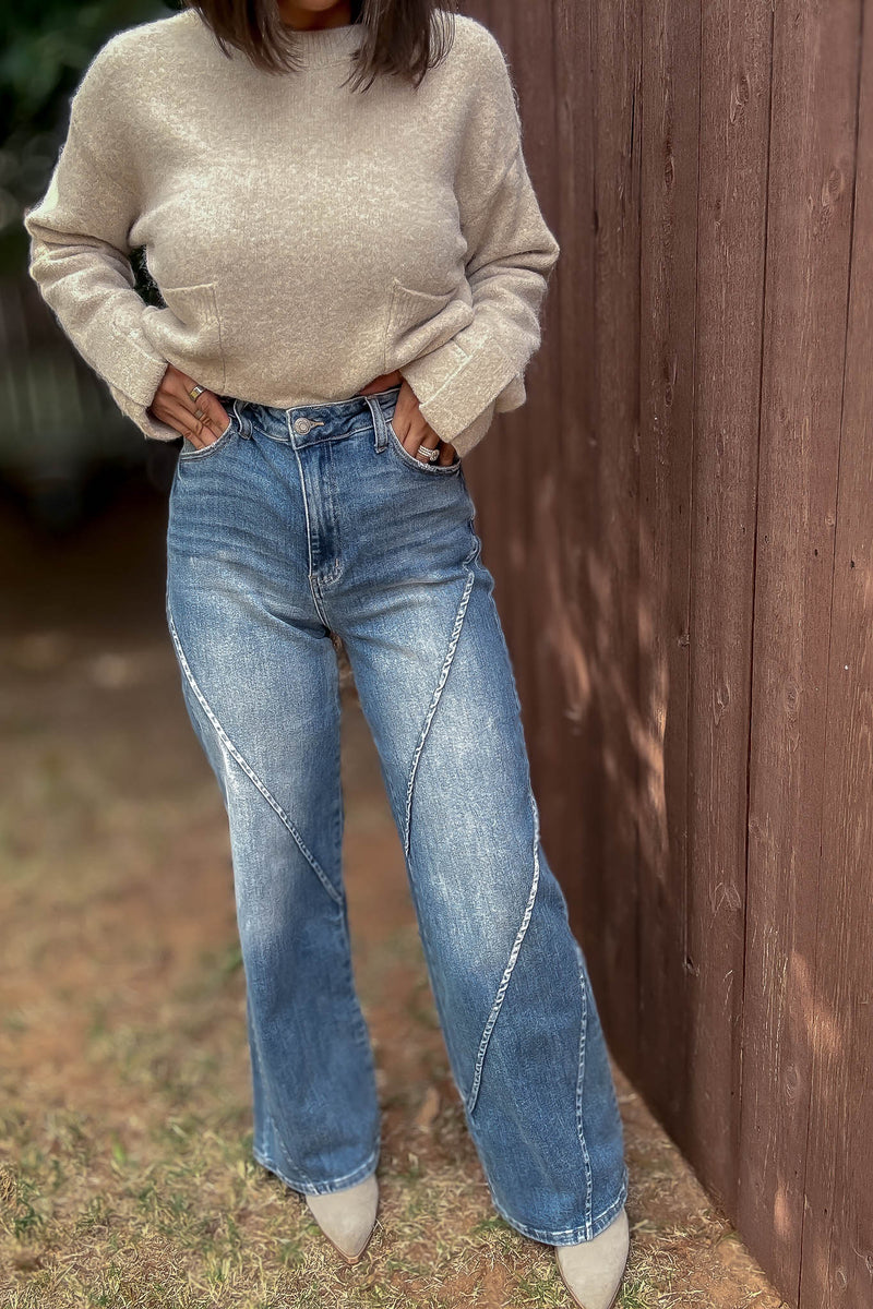 Stella Rae's Best Medium Wash Stretch High Rise Decorative Seams Wide Leg Jeans