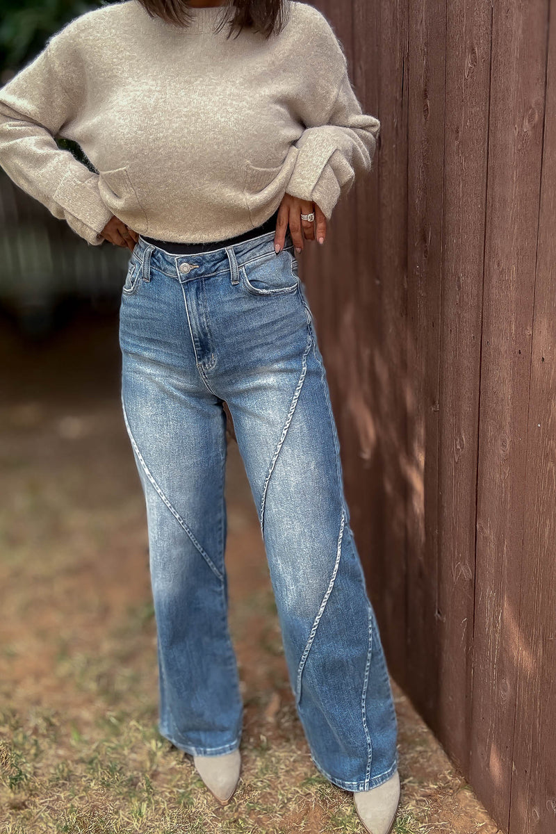 Stella Rae's Best Medium Wash Stretch High Rise Decorative Seams Wide Leg Jeans