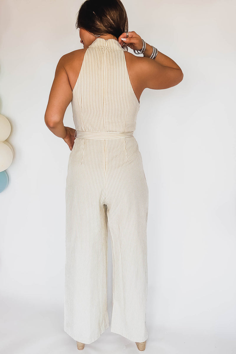 HALTER BELTED STRIPE JUMPSUIT