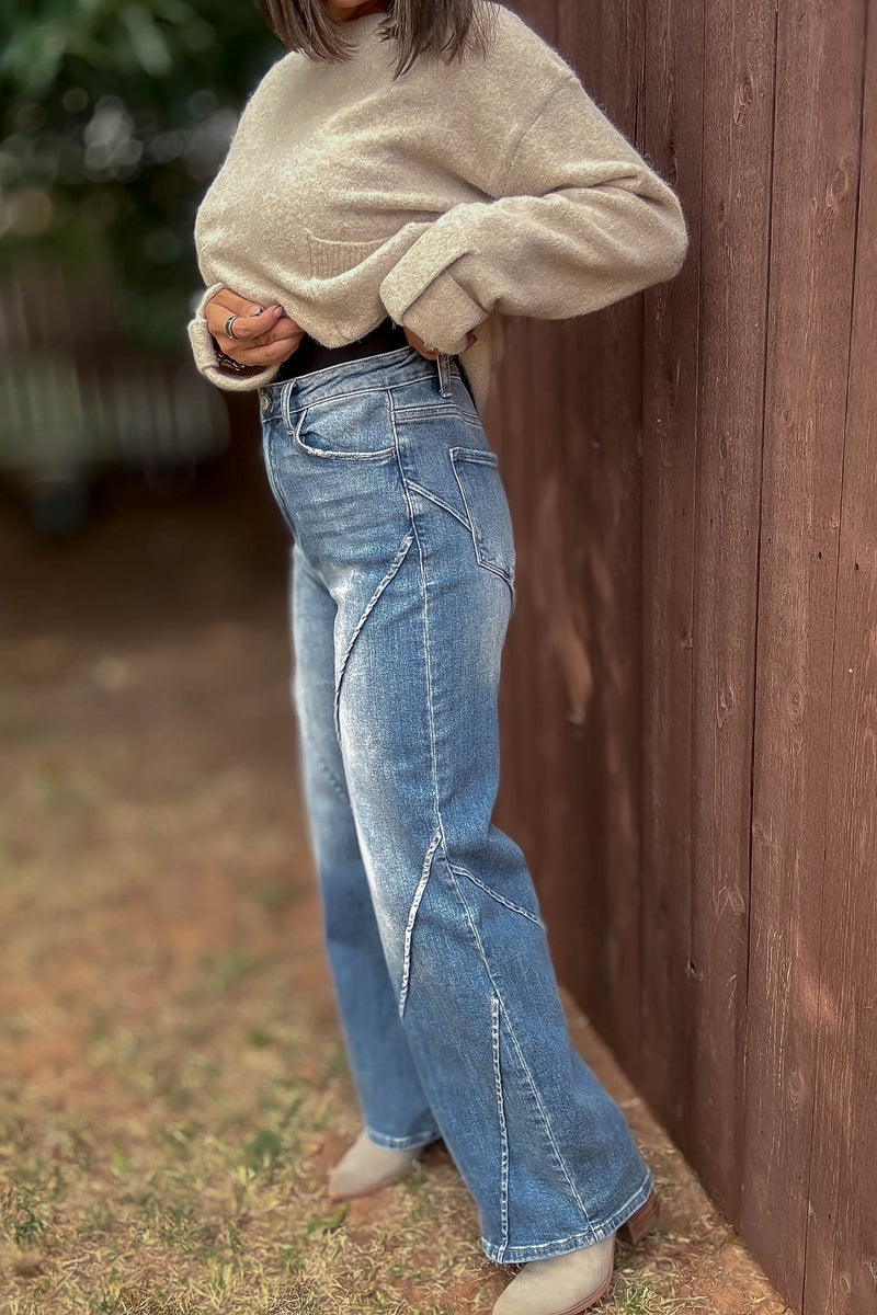 Stella Rae's Best Medium Wash Stretch High Rise Decorative Seams Wide Leg Jeans