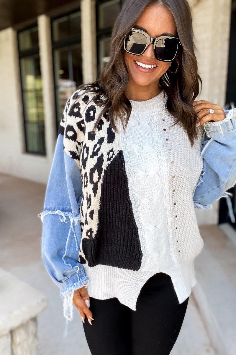 Perfectly Content Oat/Ivory/Grey Color Block Sweater Top With Denim Sleeves