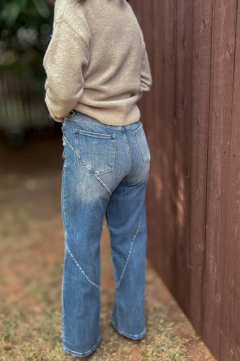 Stella Rae's Best Medium Wash Stretch High Rise Decorative Seams Wide Leg Jeans