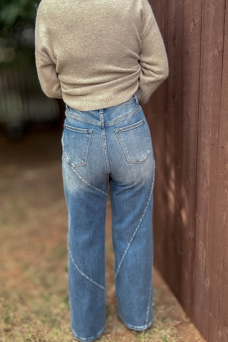 Stella Rae's Best Medium Wash Stretch High Rise Decorative Seams Wide Leg Jeans