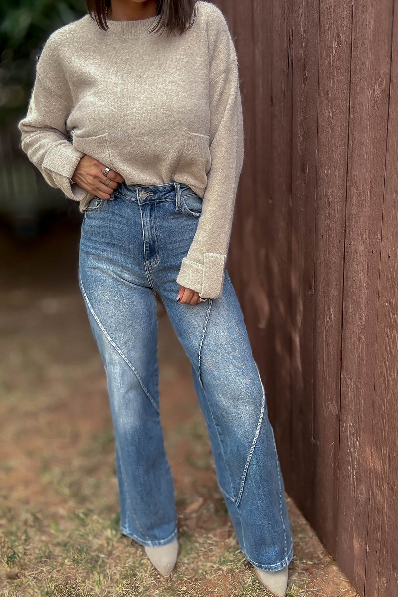 Stella Rae's Best Medium Wash Stretch High Rise Decorative Seams Wide Leg Jeans