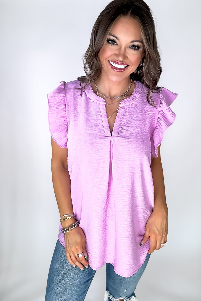 Make Life Great Mauve Woven Airflow Ruffled Sleeve High-Low Top