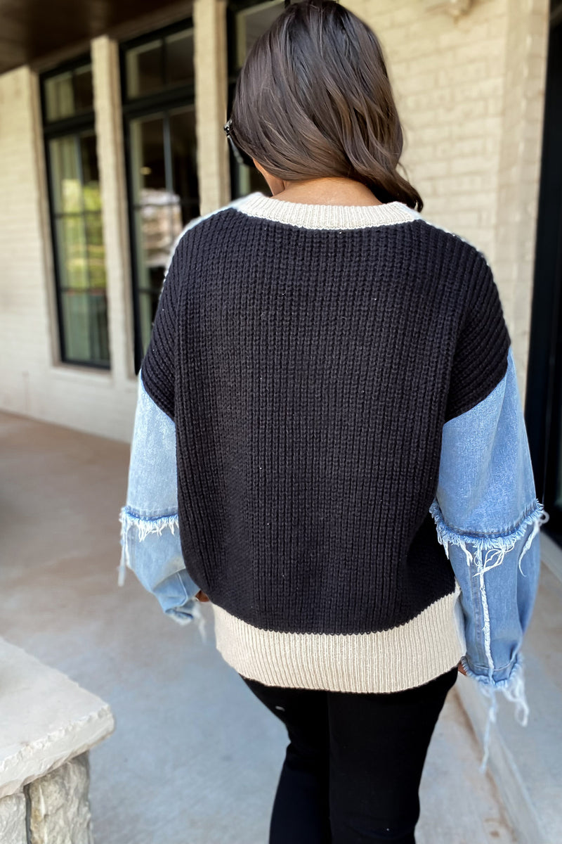 Perfectly Content Oat/Ivory/Grey Color Block Sweater Top With Denim Sleeves