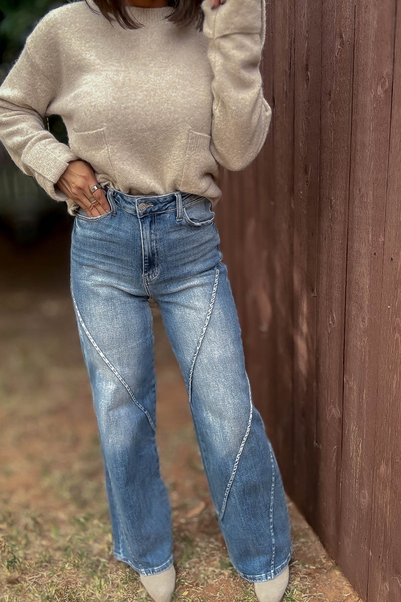 Stella Rae's Best Medium Wash Stretch High Rise Decorative Seams Wide Leg Jeans