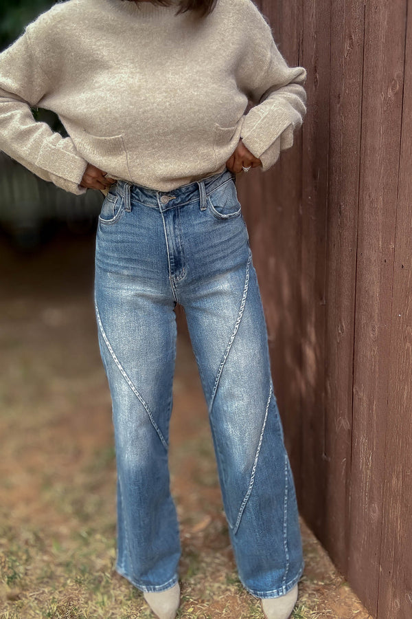 Stella Rae's Best Medium Wash Stretch High Rise Decorative Seams Wide Leg Jeans