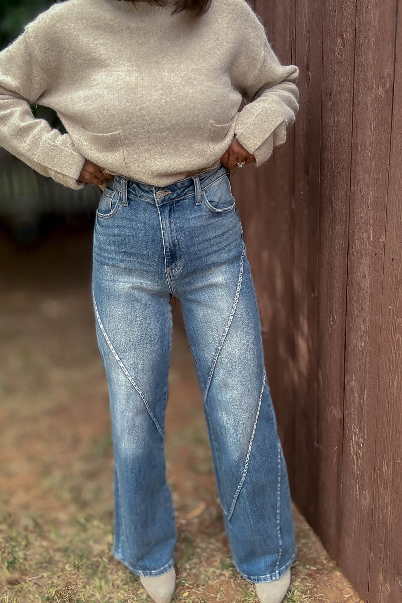 Stella Rae's Best Medium Wash Stretch High Rise Decorative Seams Wide Leg Jeans