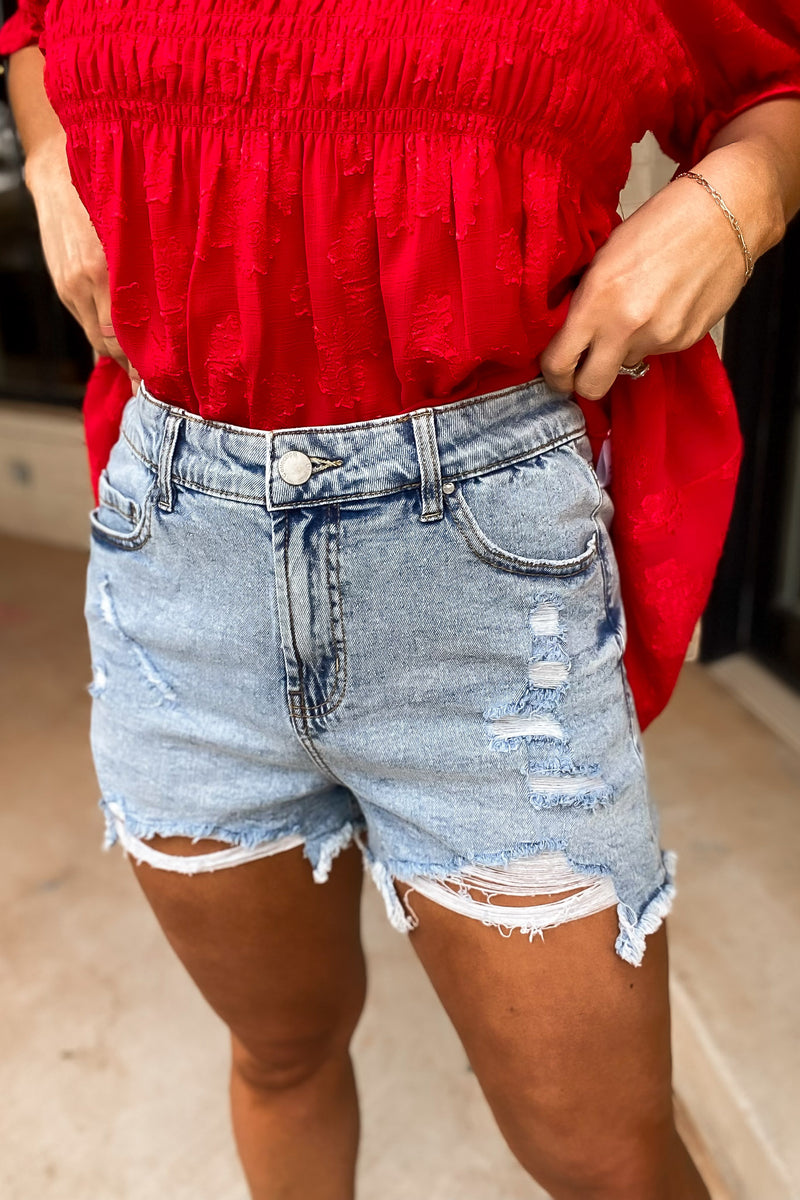 Know My Worth Light Denim Shorts