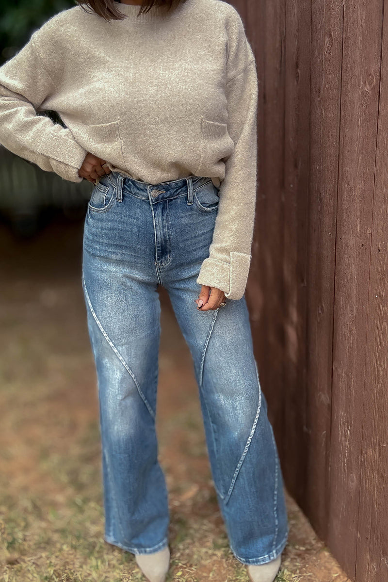 Stella Rae's Best Medium Wash Stretch High Rise Decorative Seams Wide Leg Jeans