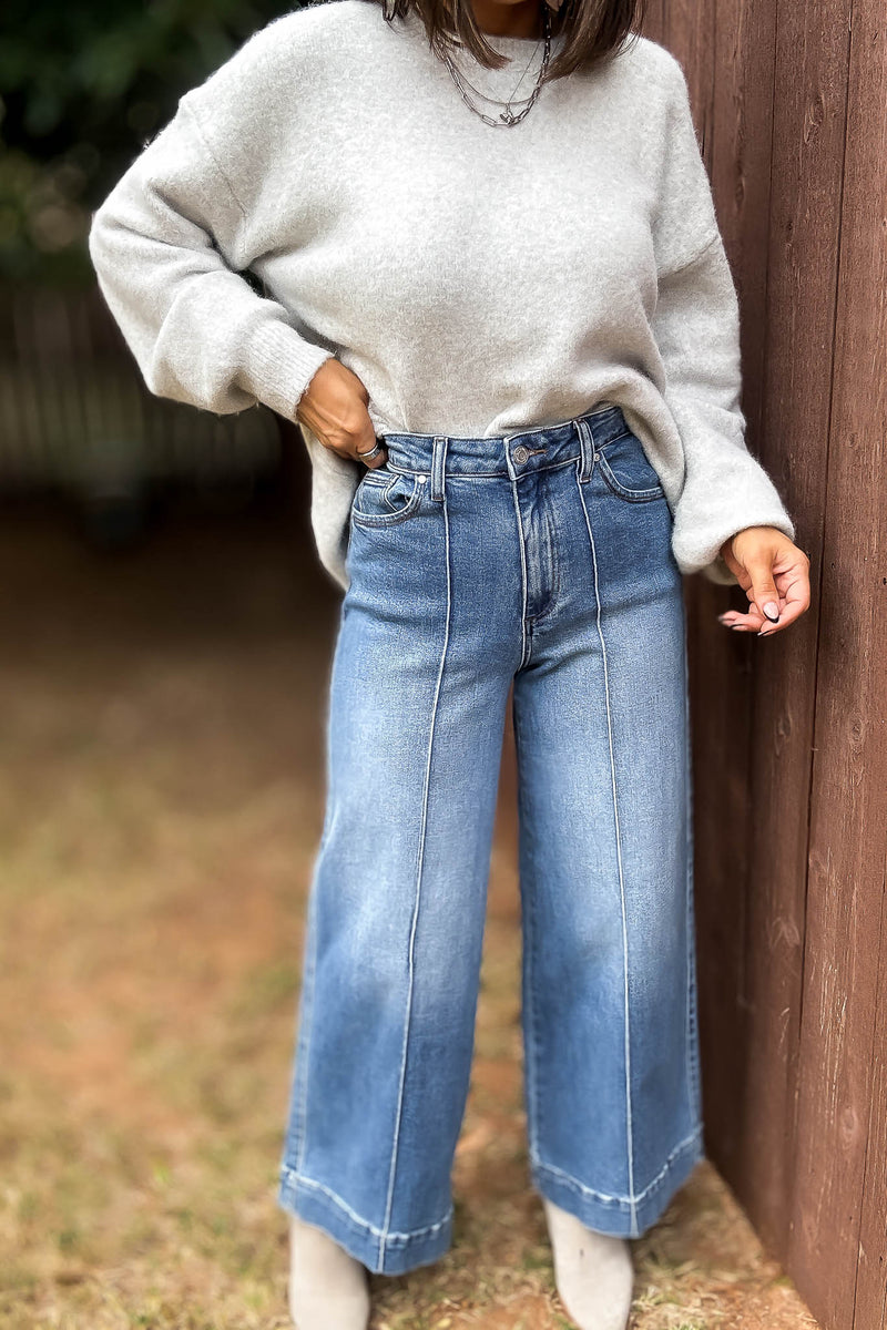 Stella Rae's Best Medium Denim Stretch High Rise Pin Tuck Detail Wide Leg Jean