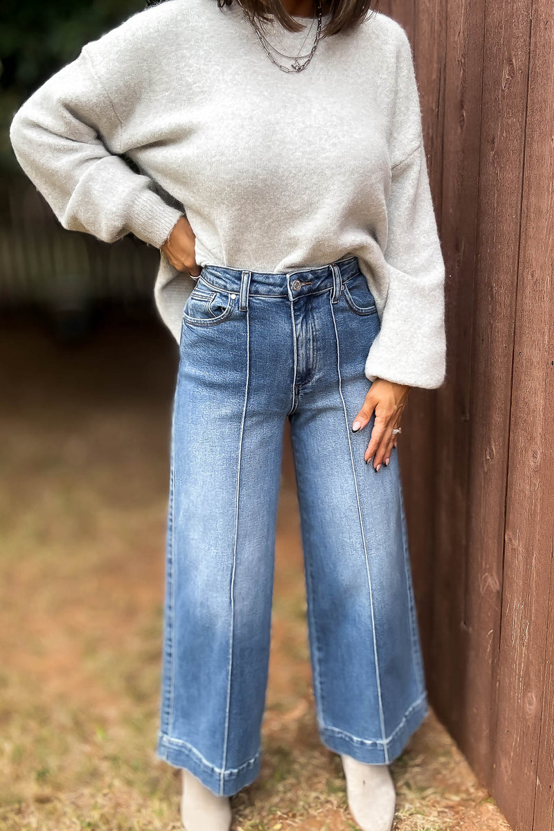 Stella Rae's Best Medium Denim Stretch High Rise Pin Tuck Detail Wide Leg Jean