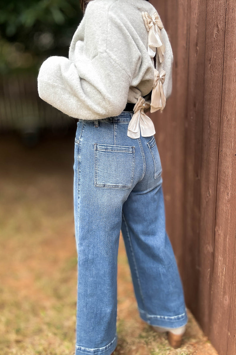 Stella Rae's Best Medium Denim Stretch High Rise Pin Tuck Detail Wide Leg Jean