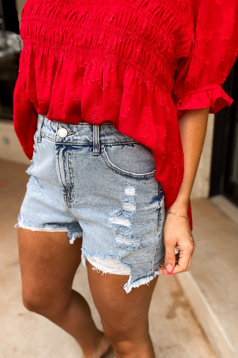 Know My Worth Light Denim Shorts