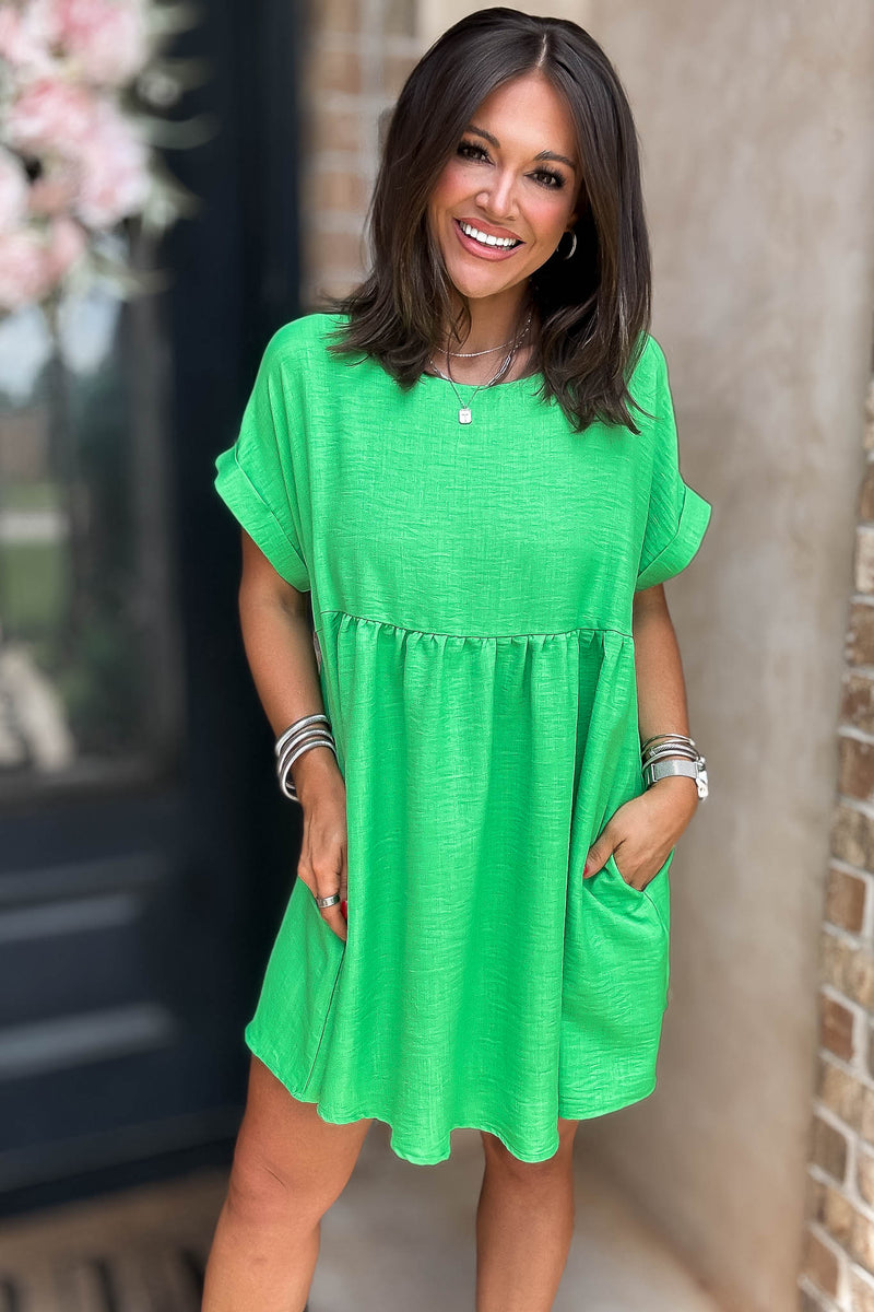 Vacation Ready Kelly Green Comfy Dress With Pockets