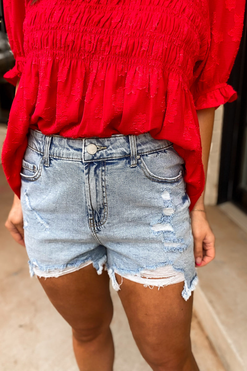 Know My Worth Light Denim Shorts