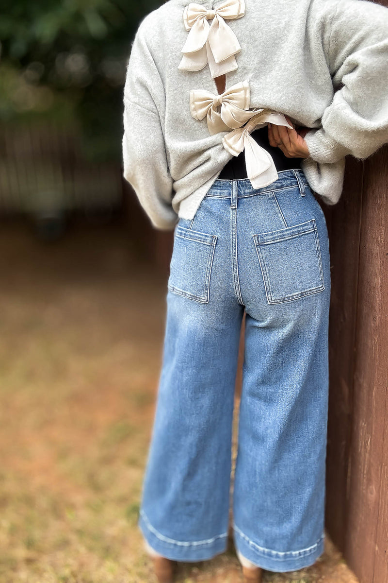 Stella Rae's Best Medium Denim Stretch High Rise Pin Tuck Detail Wide Leg Jean