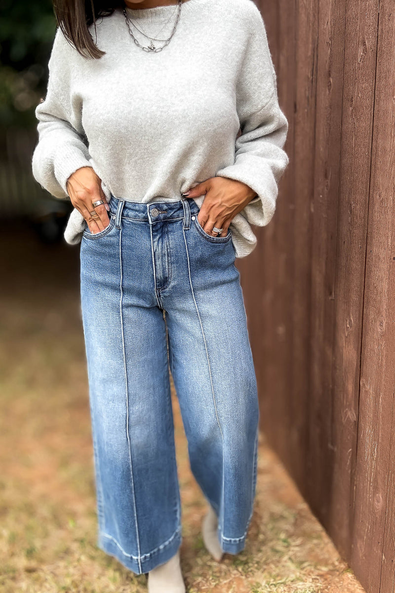 Stella Rae's Best Medium Denim Stretch High Rise Pin Tuck Detail Wide Leg Jean
