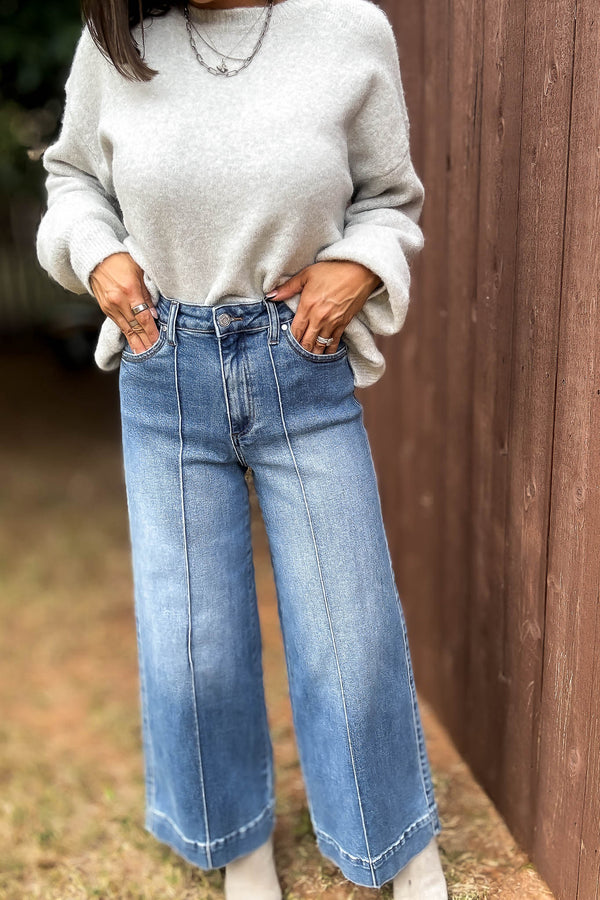 Stella Rae's Best Medium Denim Stretch High Rise Pin Tuck Detail Wide Leg Jean