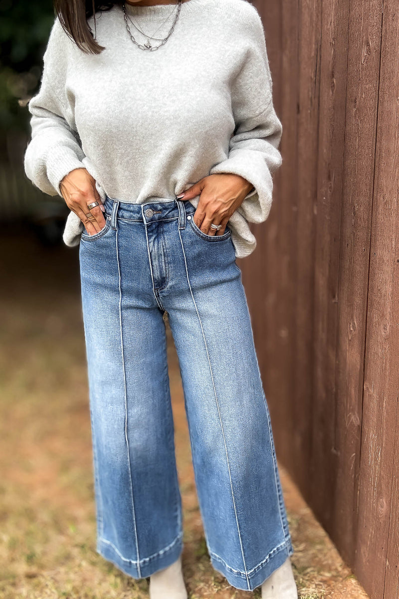 Stella Rae's Best Medium Denim Stretch High Rise Pin Tuck Detail Wide Leg Jean