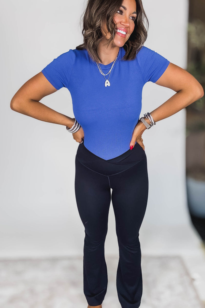 Essential Blue Short-Sleeved Micro-Ribbed Top