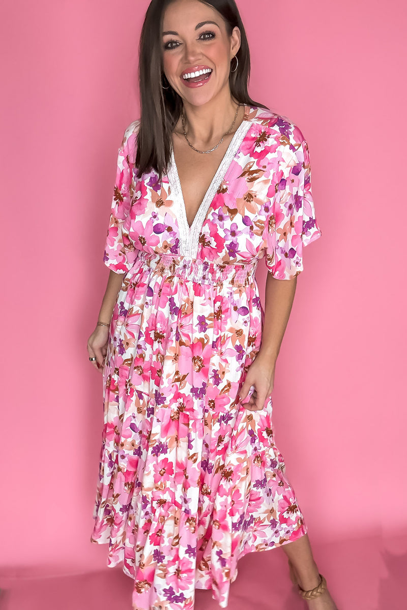 Pink Floral Print V Neck Maxi Dress
