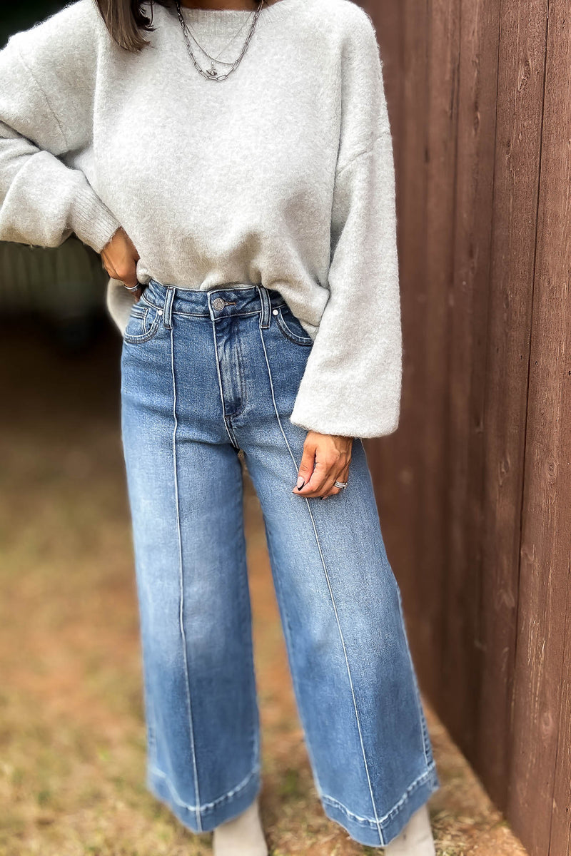 Stella Rae's Best Medium Denim Stretch High Rise Pin Tuck Detail Wide Leg Jean
