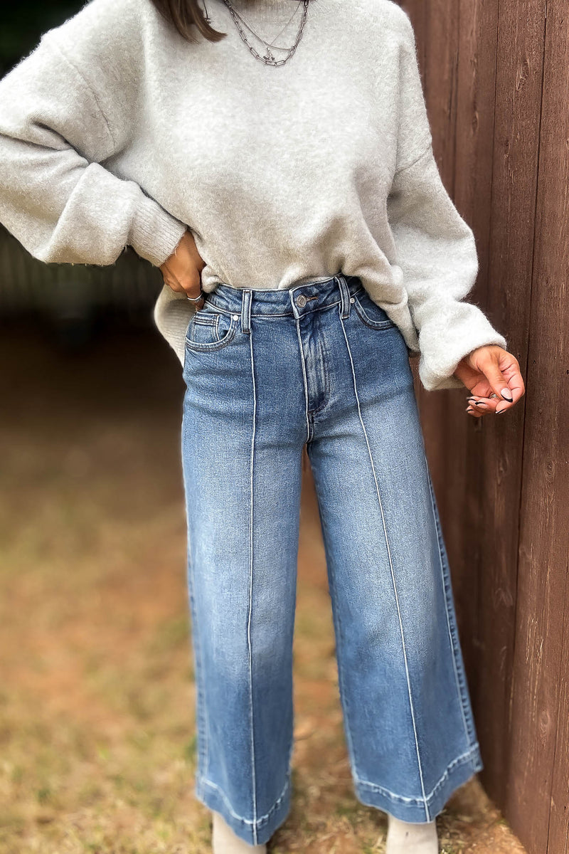 Stella Rae's Best Medium Denim Stretch High Rise Pin Tuck Detail Wide Leg Jean