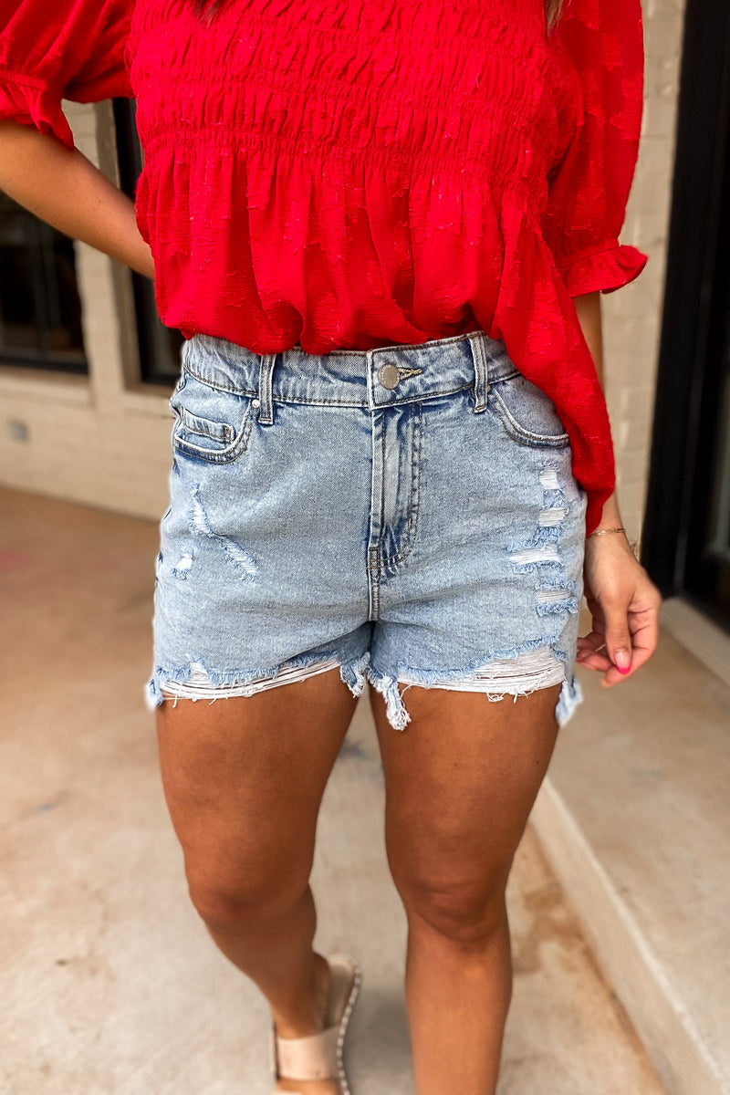 Know My Worth Light Denim Shorts