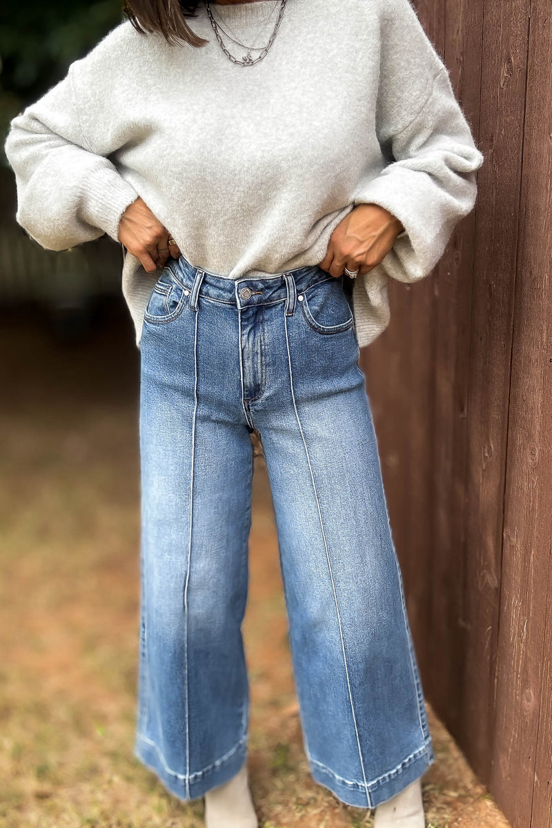 Stella Rae's Best Medium Denim Stretch High Rise Pin Tuck Detail Wide Leg Jean