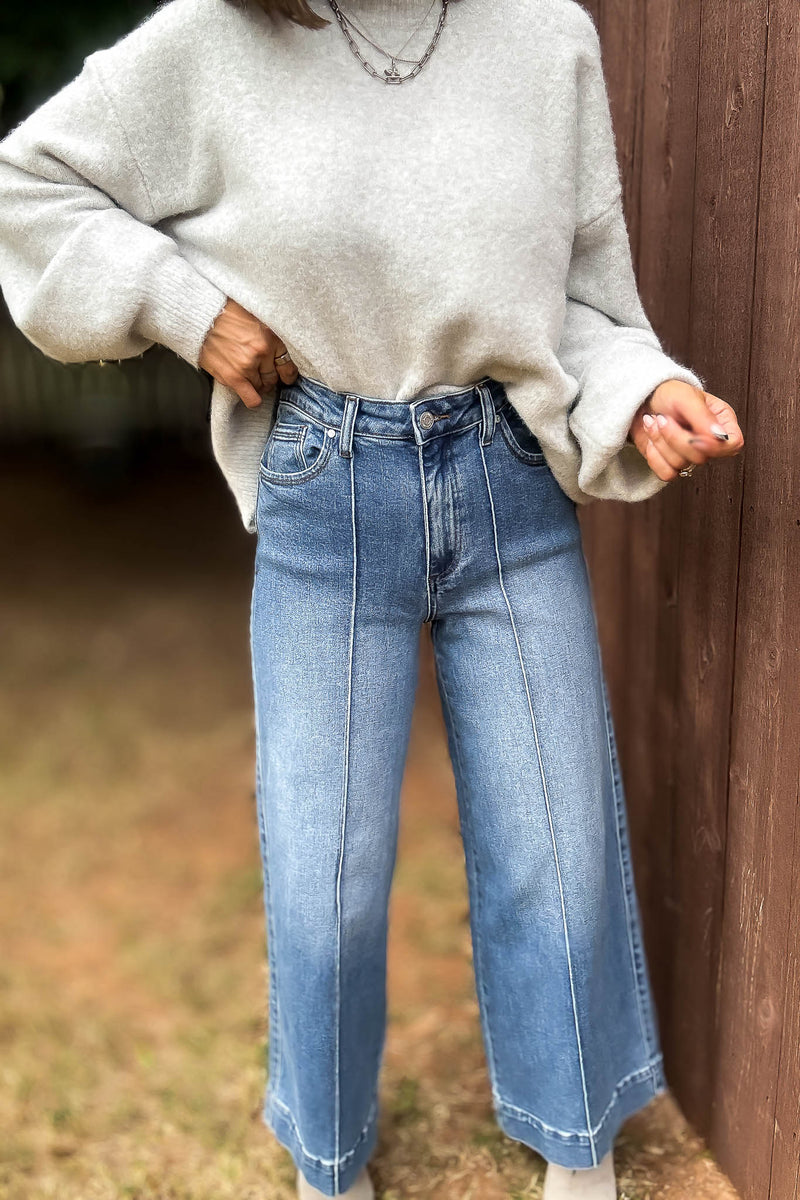 Stella Rae's Best Medium Denim Stretch High Rise Pin Tuck Detail Wide Leg Jean