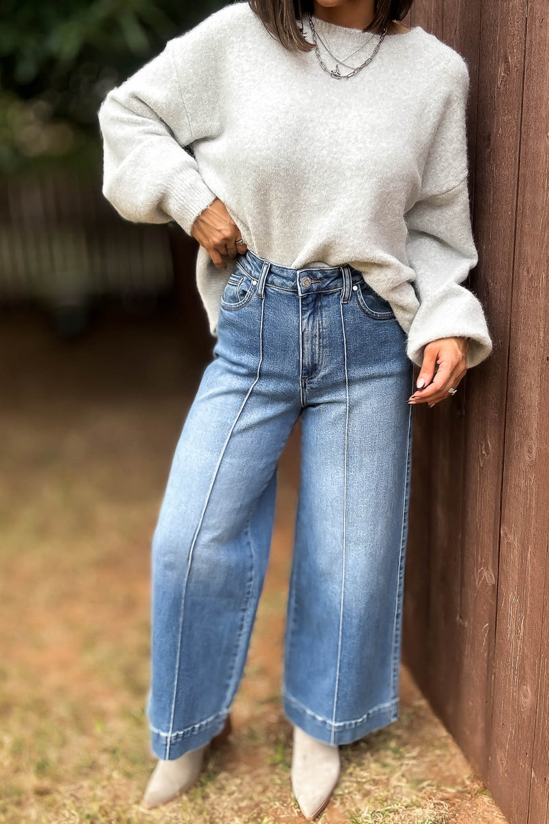Stella Rae's Best Medium Denim Stretch High Rise Pin Tuck Detail Wide Leg Jean