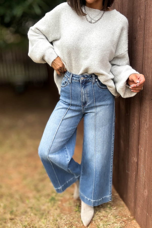 Stella Rae's Best Medium Denim Stretch High Rise Pin Tuck Detail Wide Leg Jean