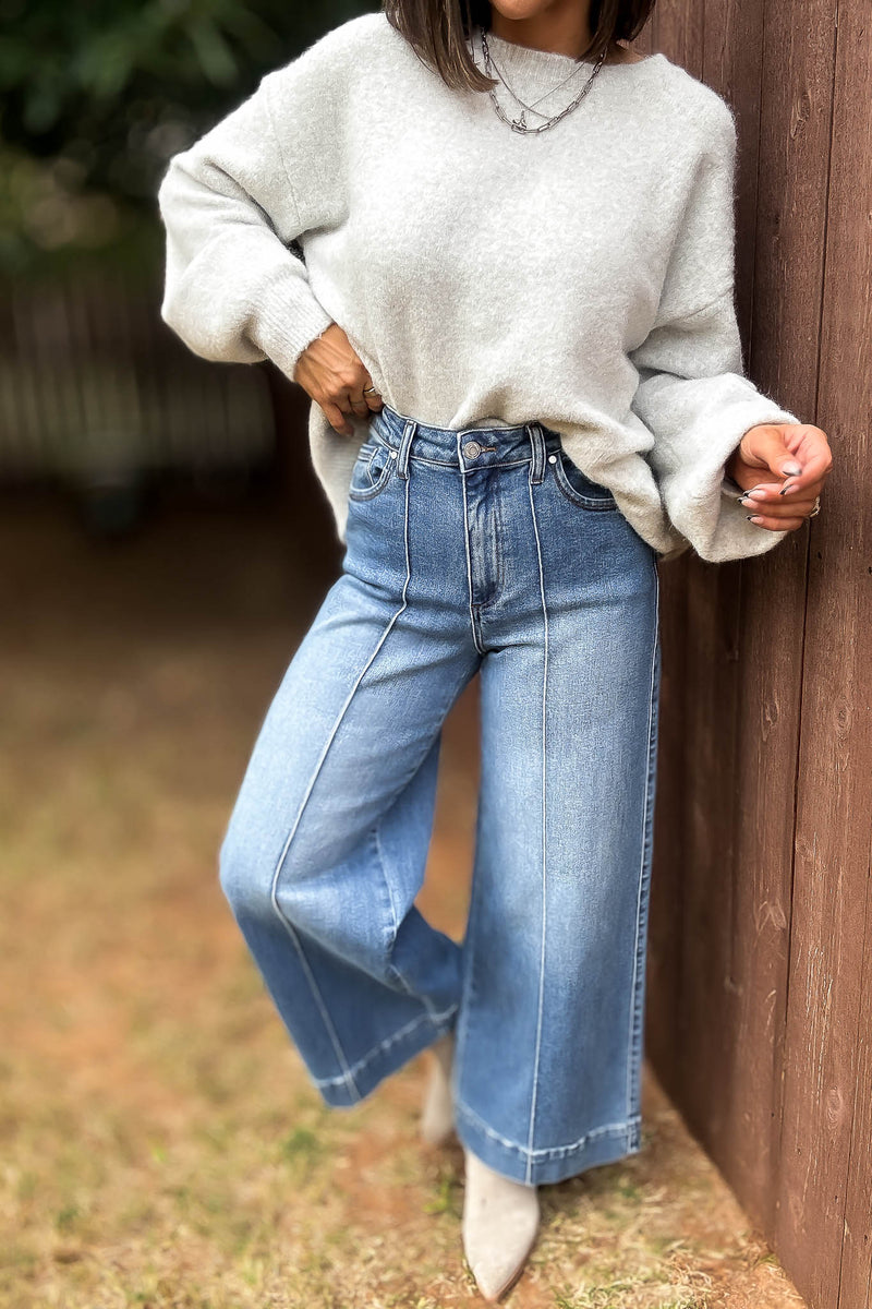 Stella Rae's Best Medium Denim Stretch High Rise Pin Tuck Detail Wide Leg Jean