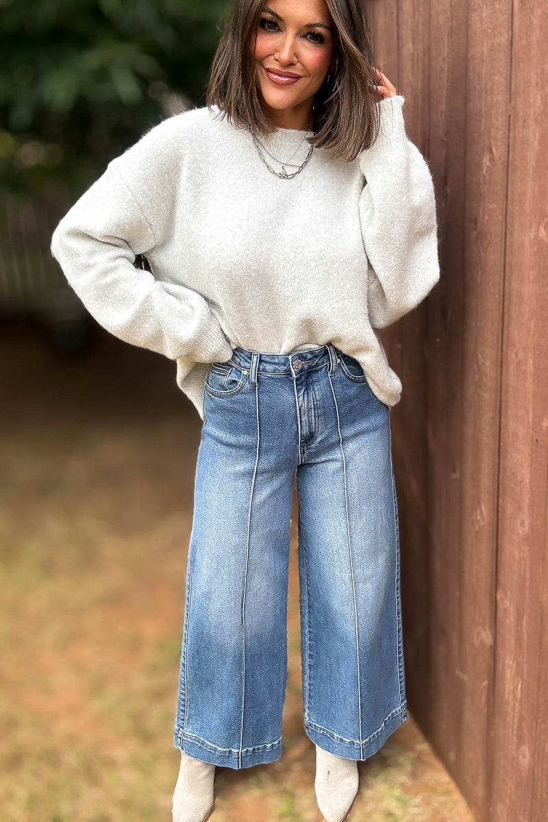 Stella Rae's Best Medium Denim Stretch High Rise Pin Tuck Detail Wide Leg Jean