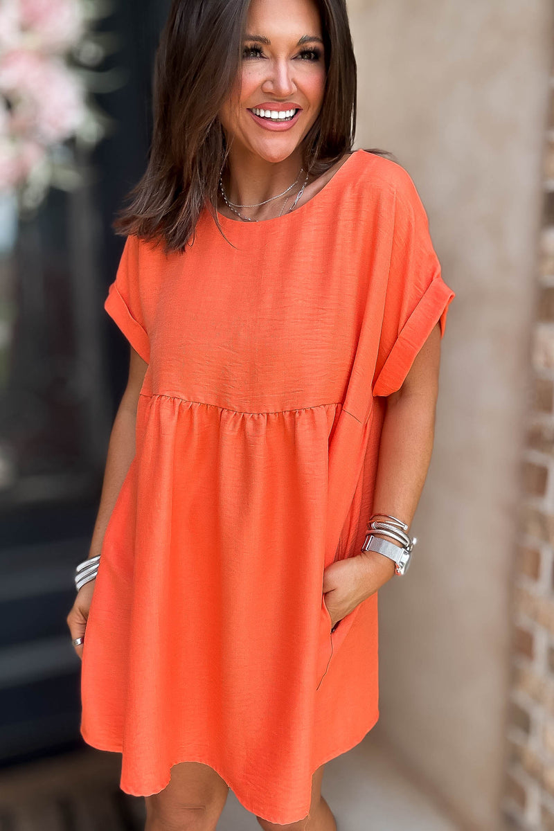 Vacation Ready Orange Comfy Dress With Pockets