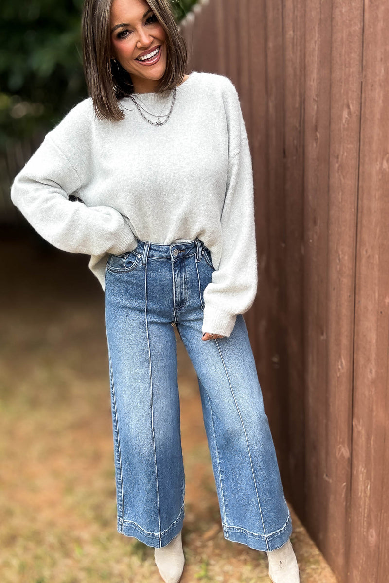 Stella Rae's Best Medium Denim Stretch High Rise Pin Tuck Detail Wide Leg Jean