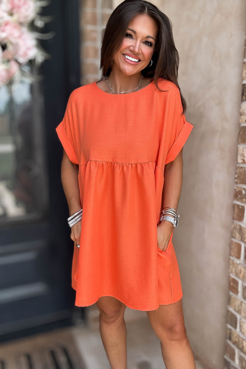 Vacation Ready Orange Comfy Dress With Pockets