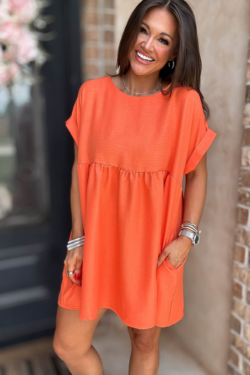 Vacation Ready Orange Comfy Dress With Pockets