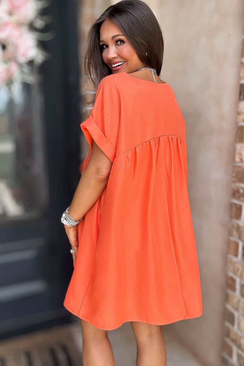 Vacation Ready Orange Comfy Dress With Pockets