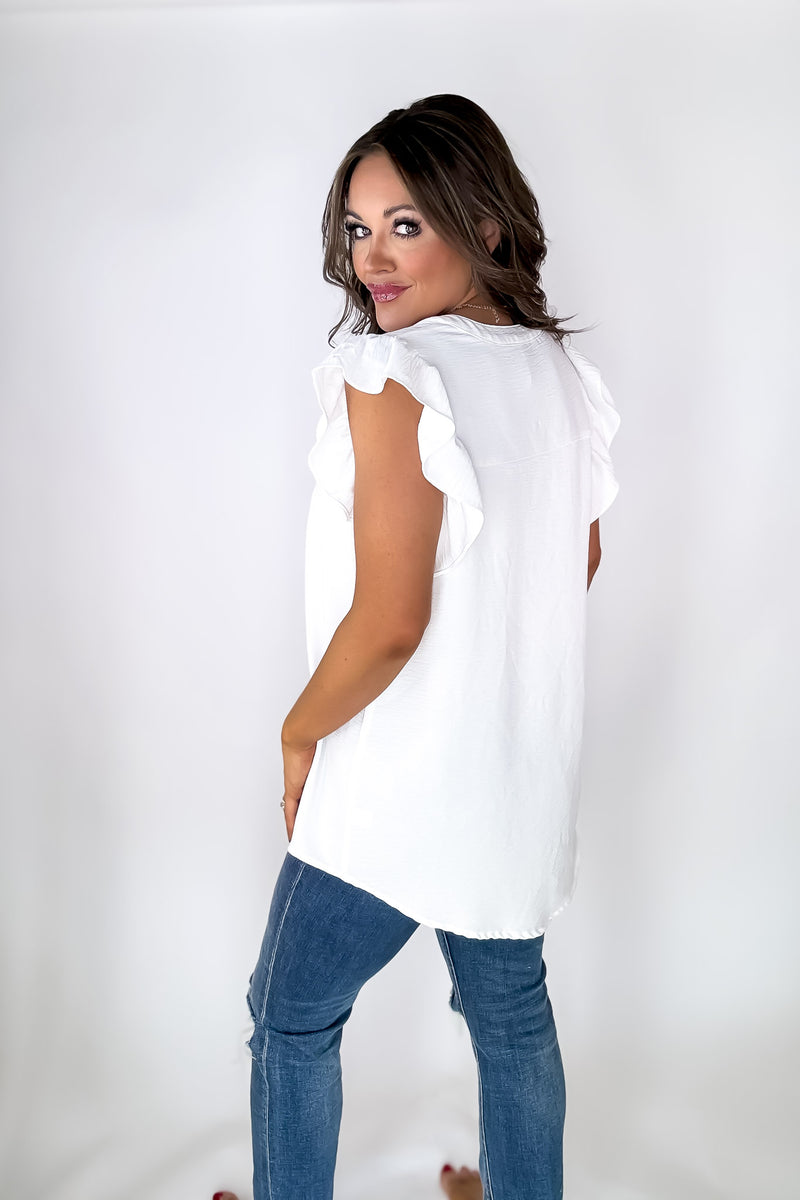 Make Life Great Off White Woven Airflow Ruffled Sleeve High-Low Top