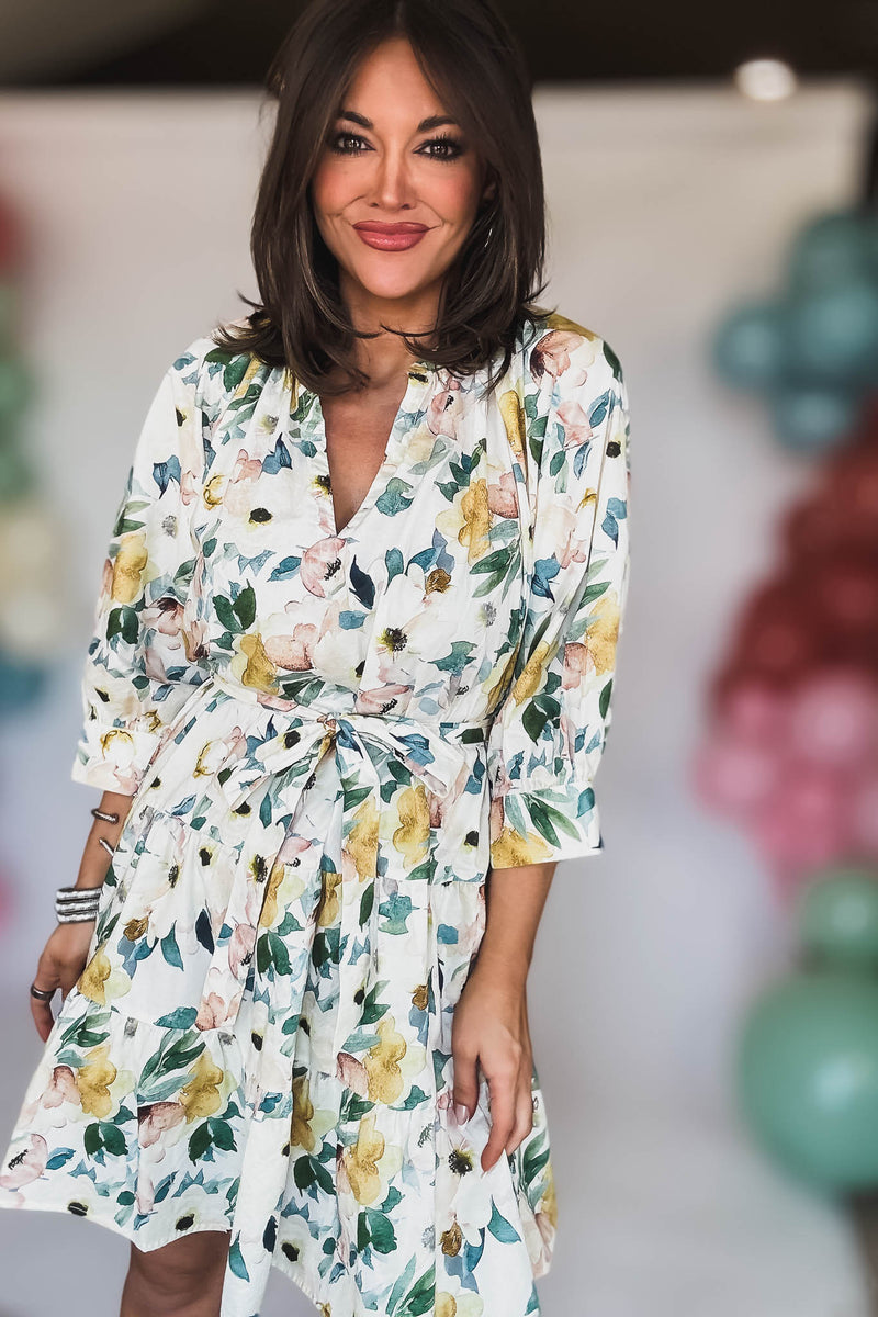 3/4 SLEEVE BELTED TIERED MINI DRESS