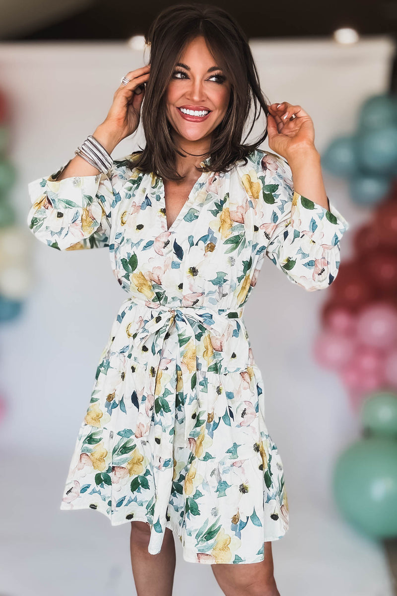 3/4 SLEEVE BELTED TIERED MINI DRESS