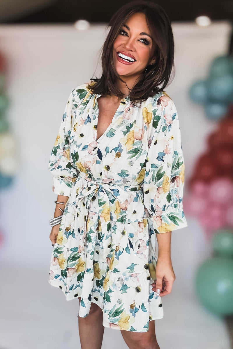 3/4 SLEEVE BELTED TIERED MINI DRESS
