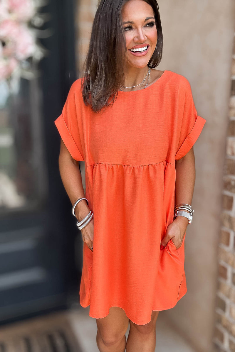 Vacation Ready Orange Comfy Dress With Pockets