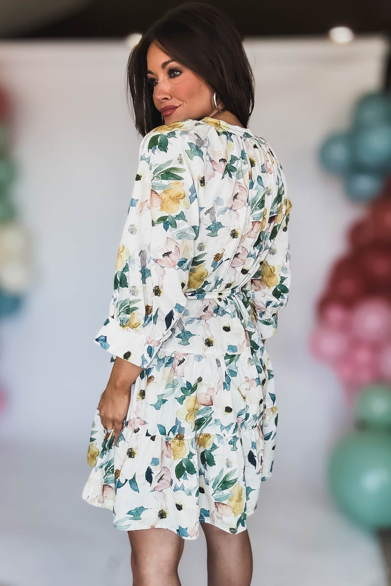 3/4 SLEEVE BELTED TIERED MINI DRESS