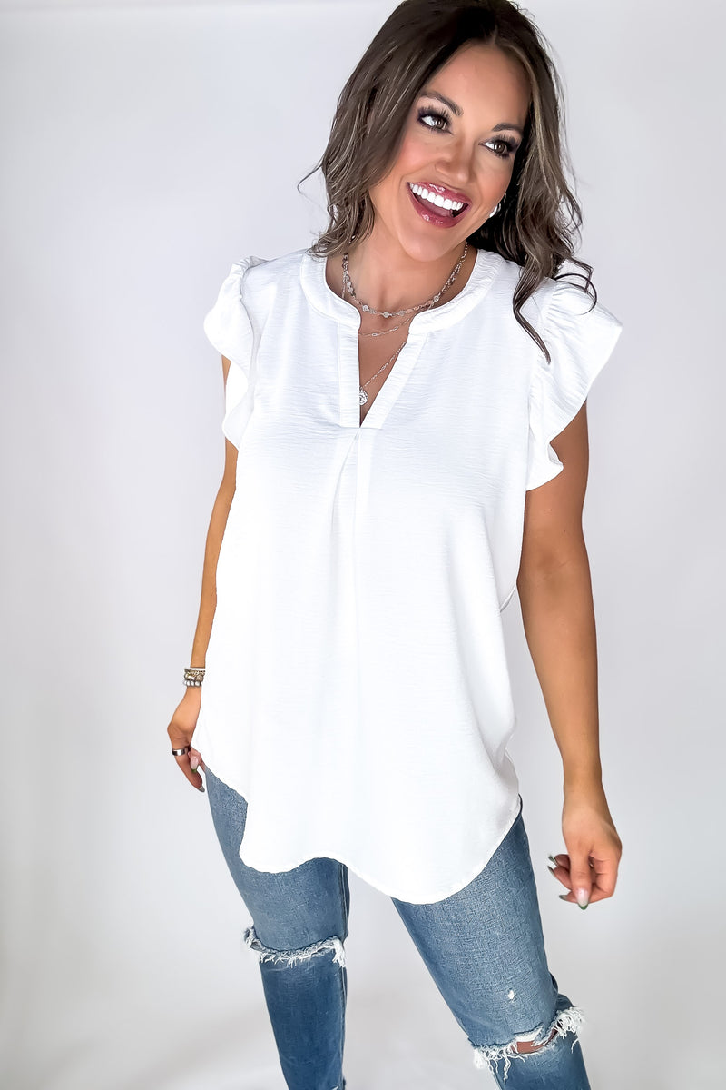 Make Life Great Off White Woven Airflow Ruffled Sleeve High-Low Top